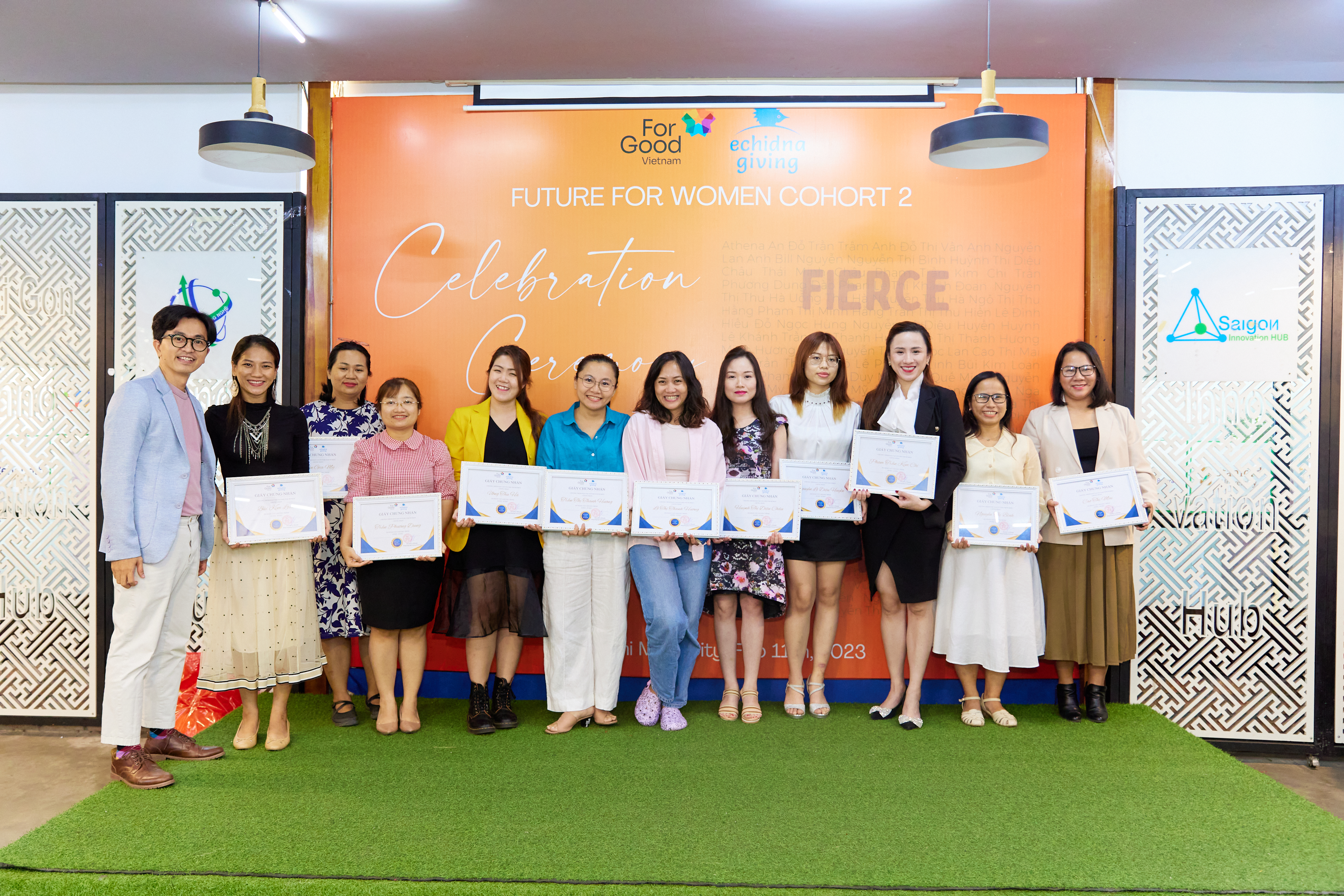 Mentees who completed business plans during the six-month Future For Women program receive achievement certificates at a ceremony on February 11, 2023. Photo: ForGood Vietnam