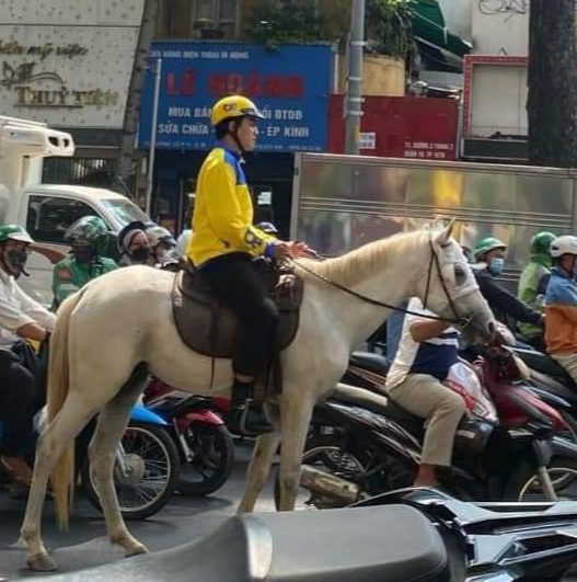 A photo viral on social media shows a man wearing a uniform of ride-hailing firm Be and riding a horse on a street in downtown Ho Chi Minh City, February 14, 2023.