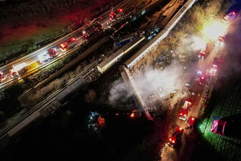 The site of a crash, where two trains collided, is seen near the city of Larissa, Greece, March 1, 2023. Photo: Reuters