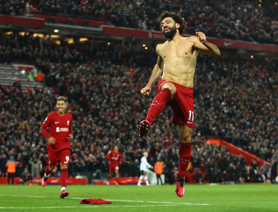 Soccer Football - Premier League - Liverpool v Manchester United - Anfield, Liverpool, Britain - March 5, 2023 Liverpool's Mohamed Salah celebrates scoring their sixth goal. Photo: Reuters