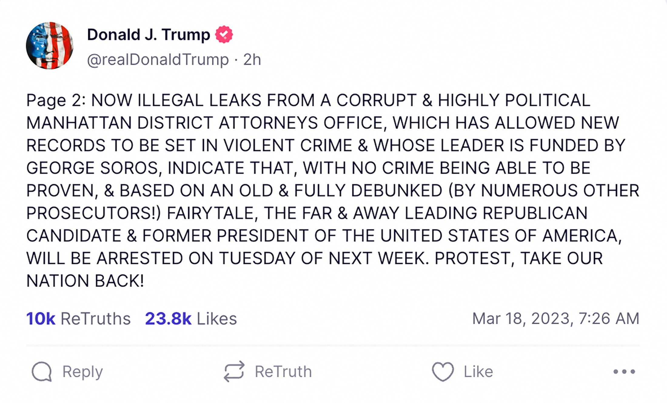 A message March 18, 2023 on the Truth Social account of former U.S. President Donald Trump reads that he expects to be arrested on Tuesday, March 21 as prosecutors consider charges over hush money payments to a porn star, and calls on his supporters to protest. Photo: Reuters