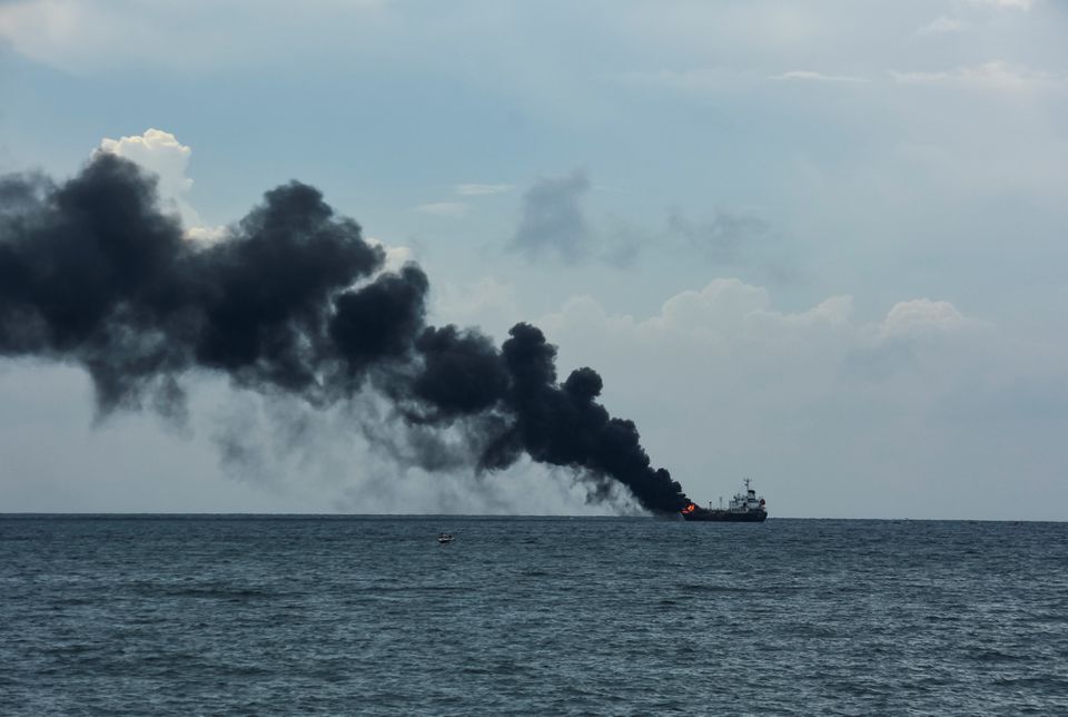 Pertamina tanker, MT Kristin, carrying fuel, catches fire on the coast of Mataram, West Nusa Tenggara province, Indonesia, March 26, 2023, in this photo taken by Antara Foto. Photo: Reuters