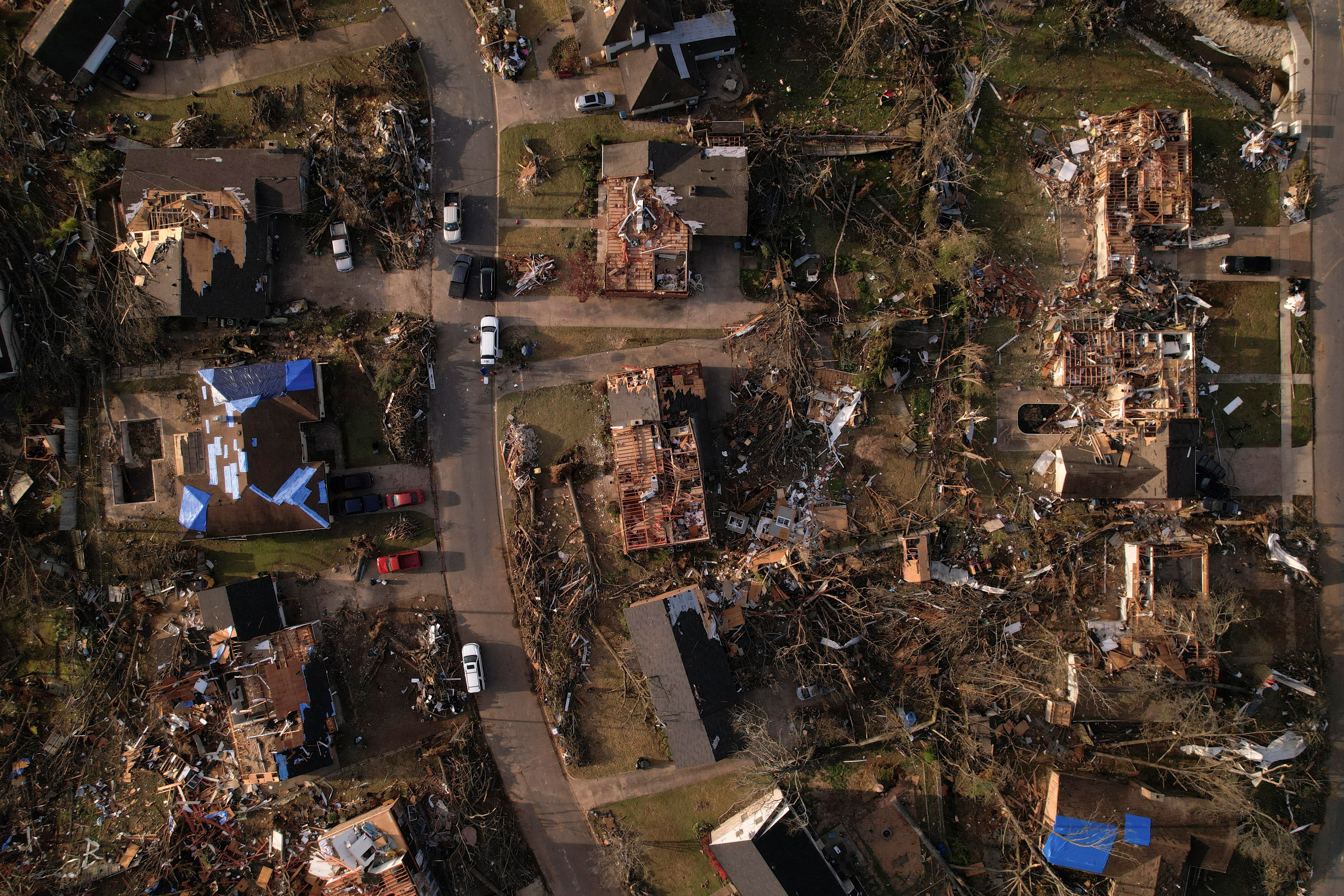 An aerial view of destroyed homes in the aftermath of a tornado, after a monster storm system tore through the South and Midwest on Friday in Little Rock, Arkansas, U.S. April 2, 2023. Photo: Reuters