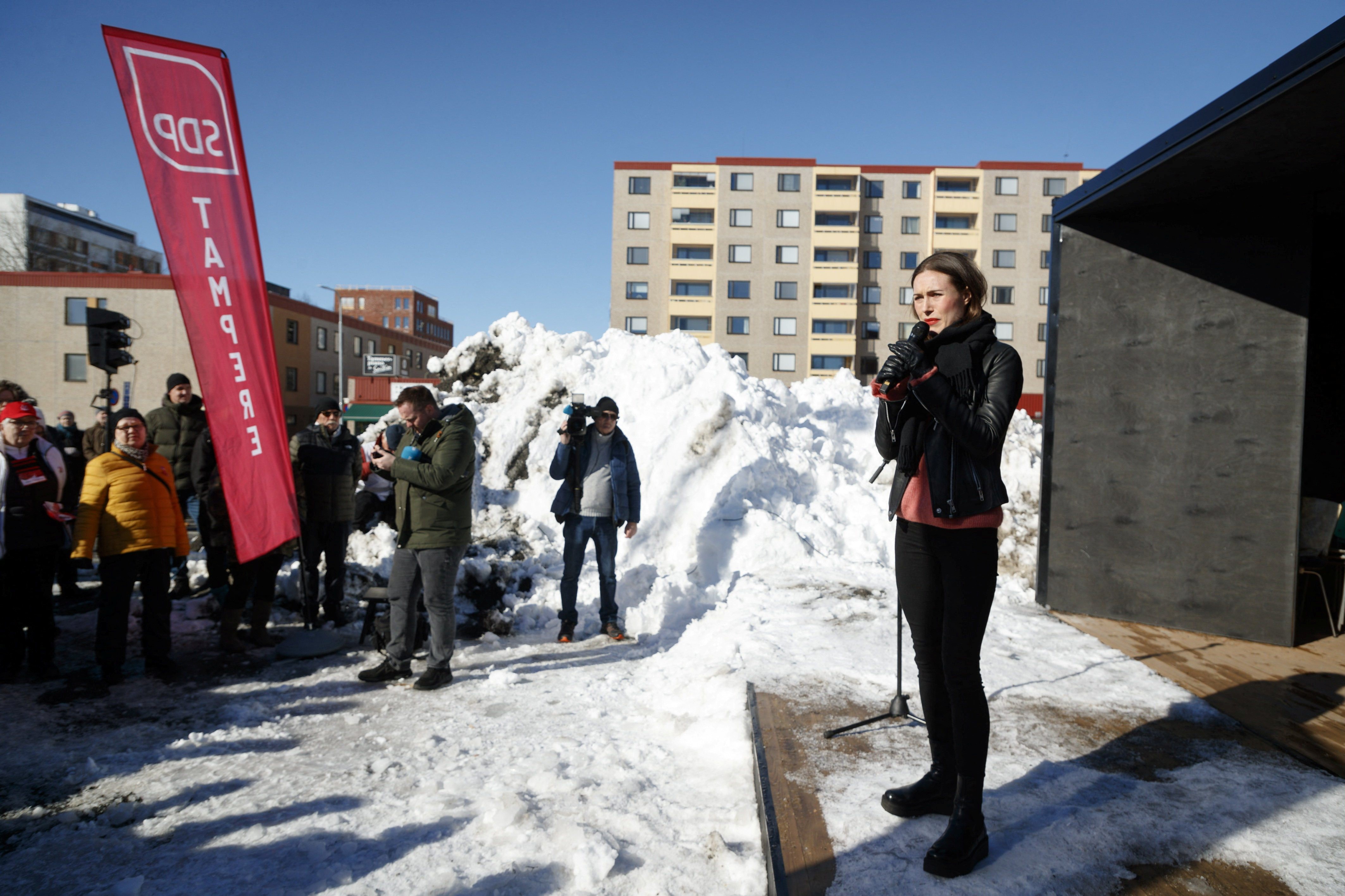 Finland's Prime Minister and chairperson of the Social Democratic Party SDP, Sanna Marin campaigns, ahead of the parliamentary elections day on April 2, at the Tammela market square, in her hometown Tampere, Finland, April 1, 2023. Photo: Reuters