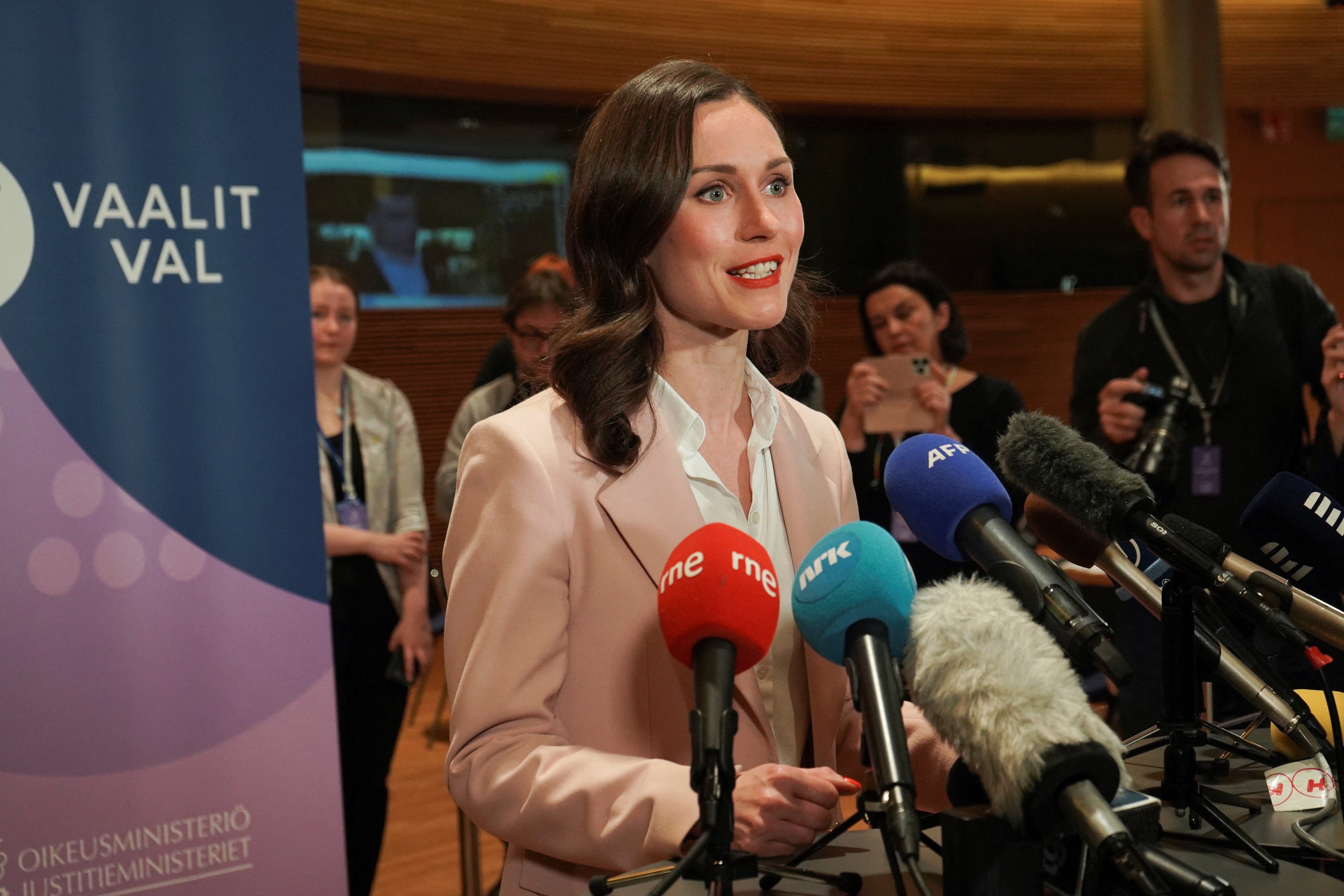 Finland's Prime Minister and Social Democrats leader Sanna Marin speaks during a news conference at the parliament on the day of the parliamentary elections, in Helsinki, Finland April 2, 2023. Photo: Reuters