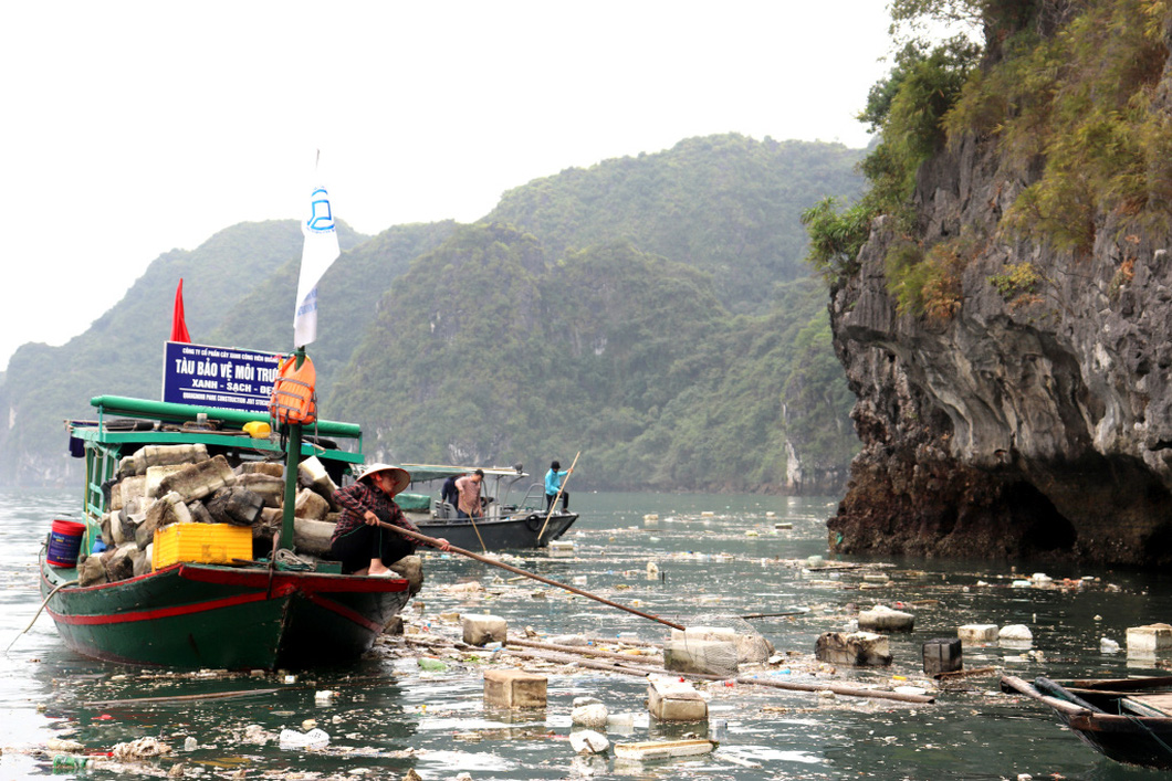 Boats and barges were also mobilized to the styrofoam collection campaign in Ha Long Bay, Quang Ninh Province, northern Vietnam. Photo: Hoang Quynh / Tuoi Tre