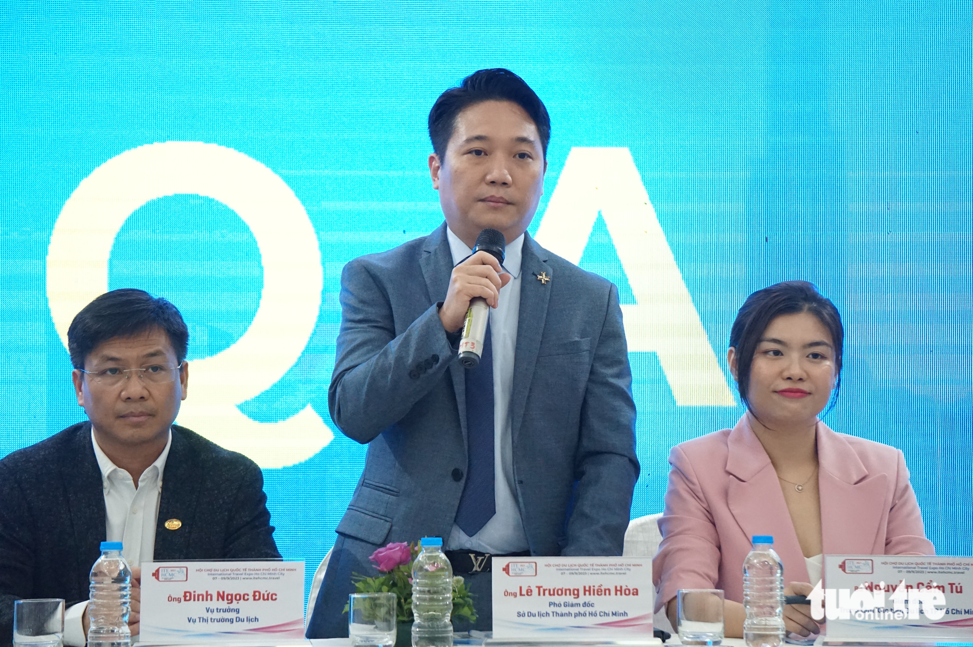 A photo shows Le Truong Hien Hoa, deputy head of the Ho Chi Minh City Department of Tourism, speaking at a press briefing to launch the Ho Chi Minh International Travel Expo 2023 in Hanoi, April 13, 2023. Photo: Thien Dieu / Tuoi Tre