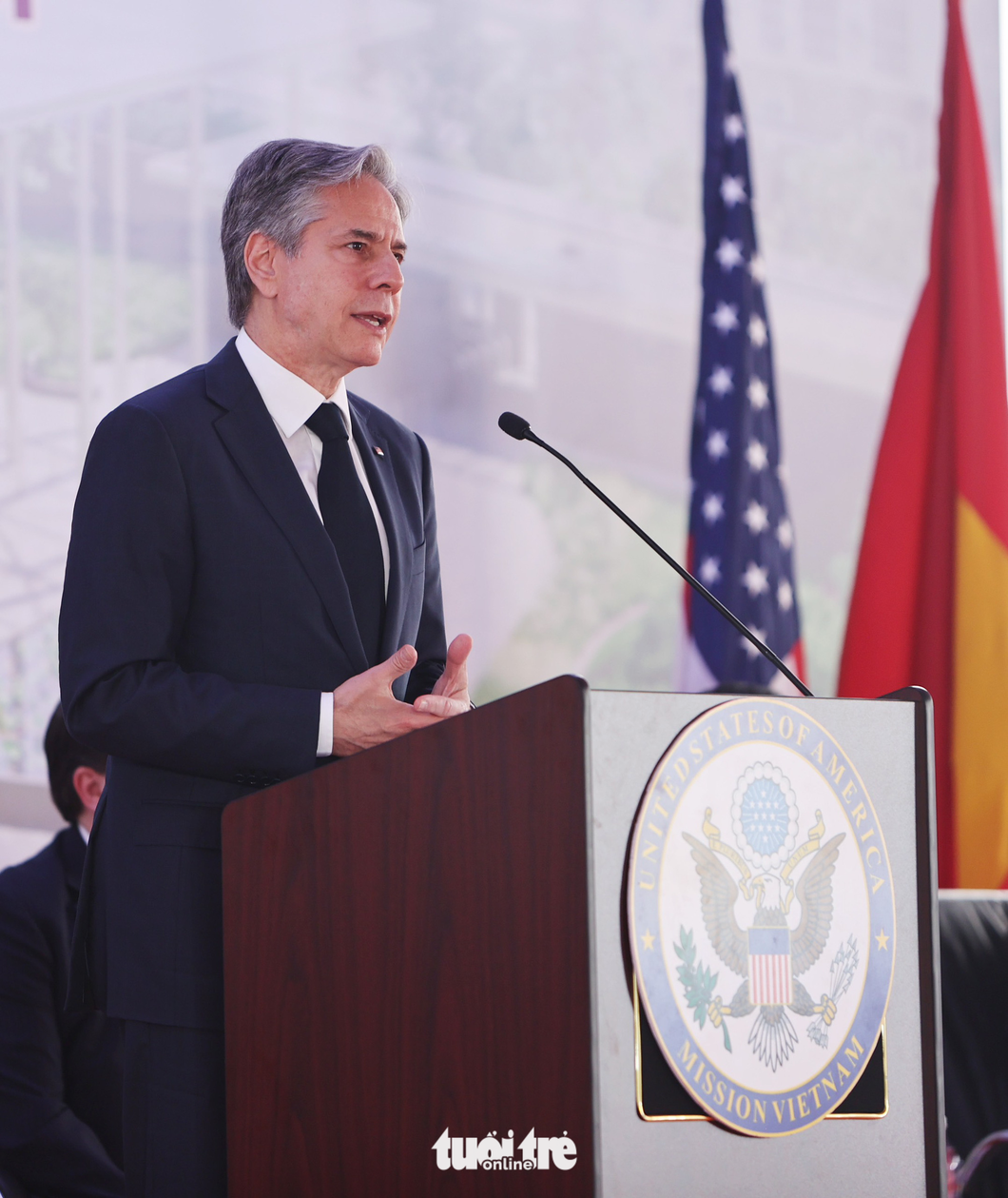 “The groundbreaking ceremony of the new U.S. Embassy represents a driving force of the two nations’ partnership,” said U.S. Secretary of State Blinken. Photo: Nguyen Khanh / Tuoi Tre