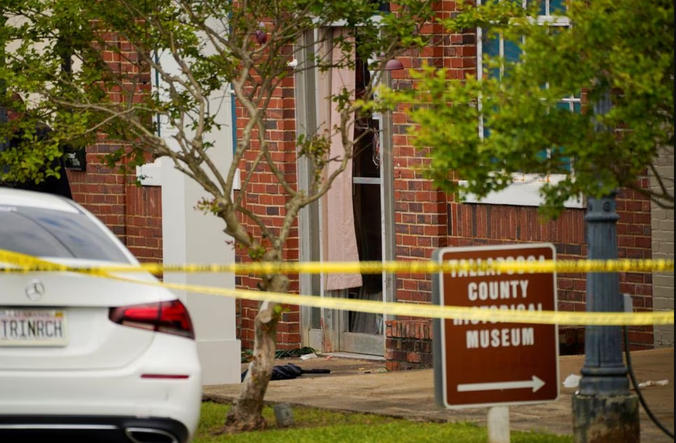 Blood is seen on the doorframe of Mahogany Masterpiece Dance Studio, a day after a shooting at a teenager's birthday party in the dance studio in Dadeville, Alabama, U.S., April 16, 2023. Photo: Reuters