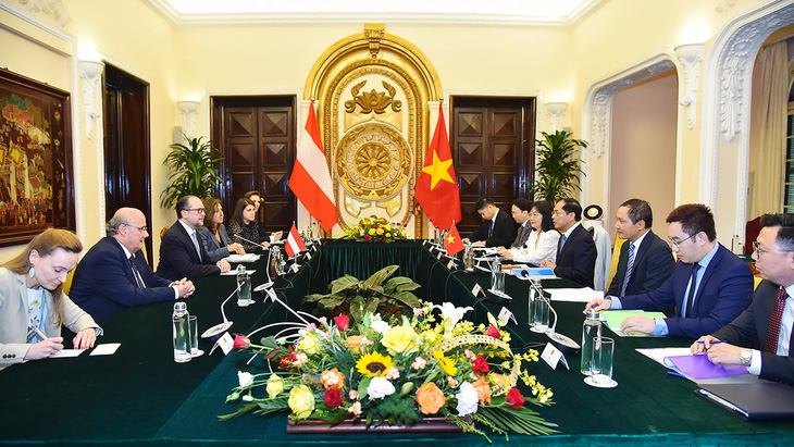 A photo of a talk between Vietnamese Foreign Minister Bui Thanh Son and his Austrian counterpart Alexander Schallenberg. Photo: VGP