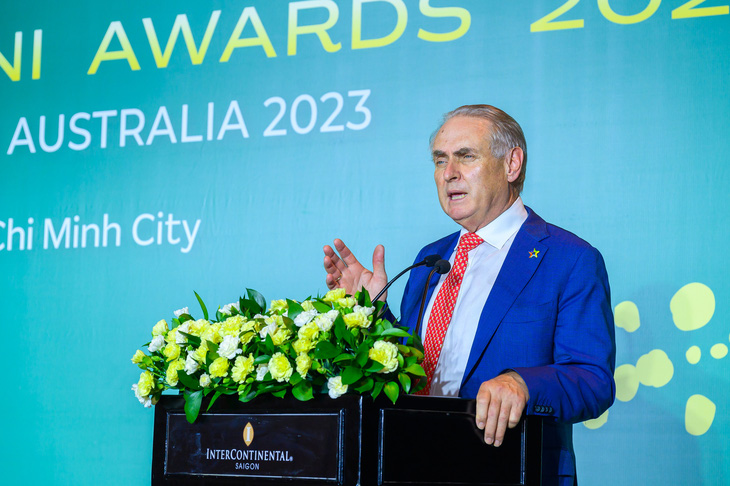 This supplied photo shows Australian Minister of Trade and Tourism Don Farrell speaking at the ceremony of the Australian Alumni Awards 2023, April 19, 2023.