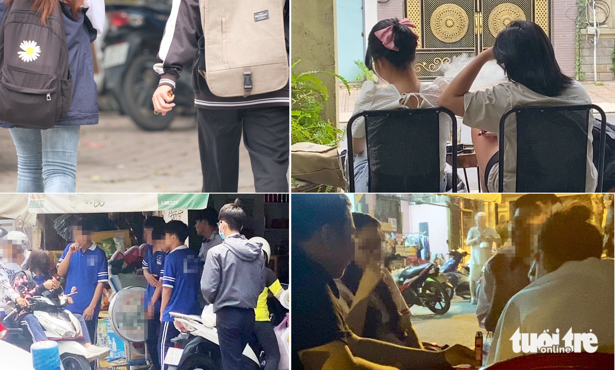 This sight has become the norm in front of many schools in Hanoi and Ho Chi Minh City: Many students coming out of the school gate grab e-cigarettes as soon as possible. Photo: Nguyen Bao / Ngoc Phuong / Tuoi Tre