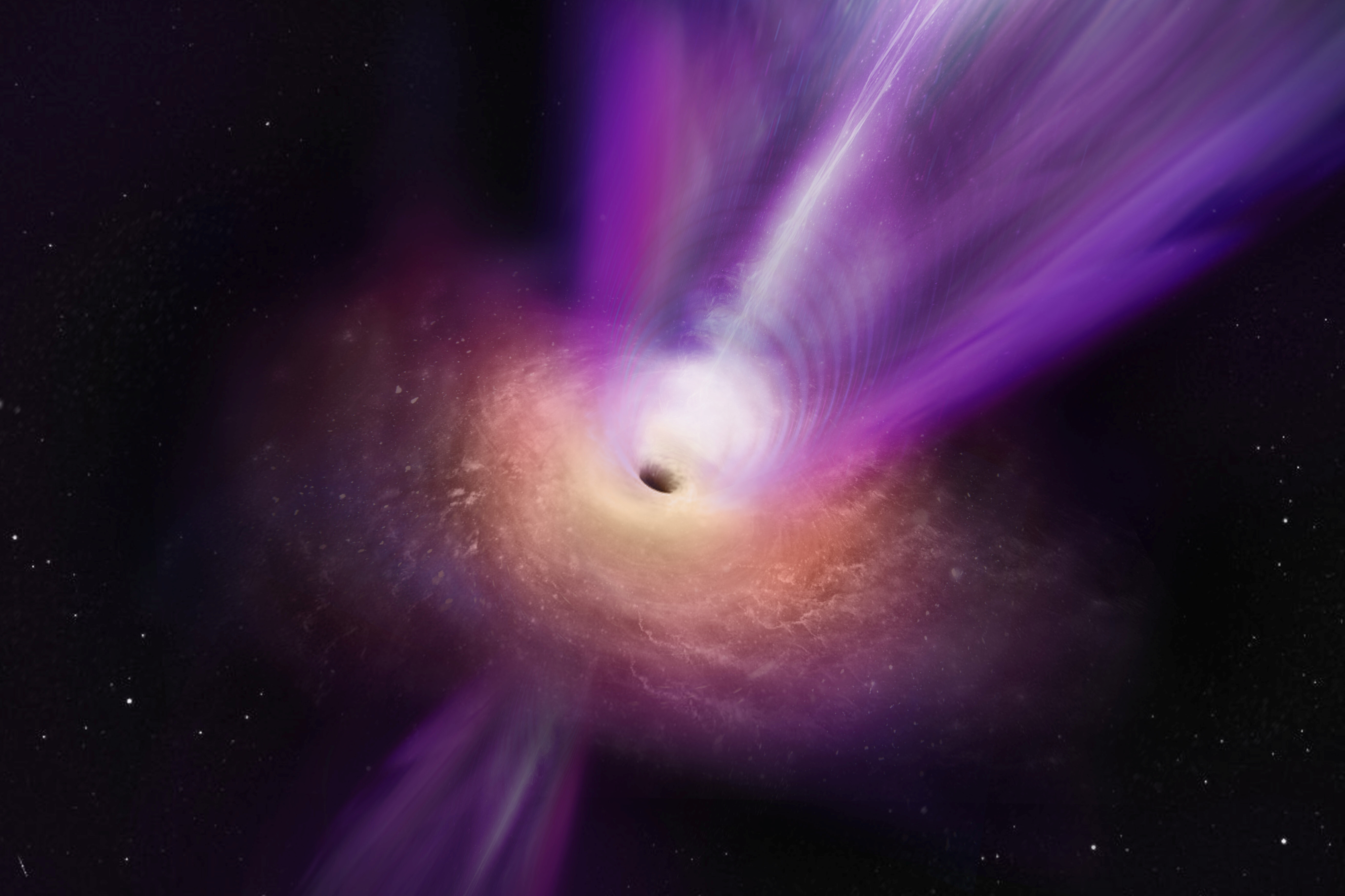 Scientists observing the compact radio core of galaxy M87 have discovered new details about the galaxy’s supermassive black hole. In this artist’s conception, the black hole’s massive jet is seen rising up from the center of the black hole. The observations on which this illustration is based represent the first time that the jet and the black hole shadow have been imaged together, giving scientists new insights into how black holes can launch these powerful jets. Photo: Reuters