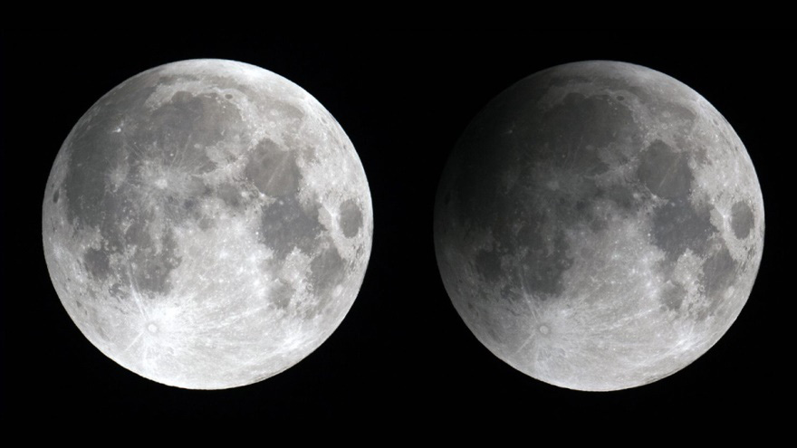 The moon during a penumbral lunar eclipse (R). Photo: Space.com