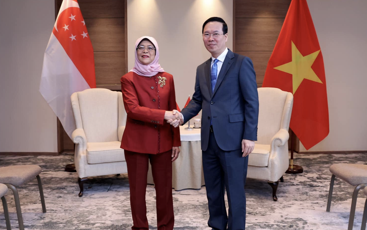 Vietnamese State President Vo Van Thuong (R) shakes hands with Singapore’s President Halimah Yacob in the United Kingdom on May 5, 2023. Photo: Singapore’s President Office