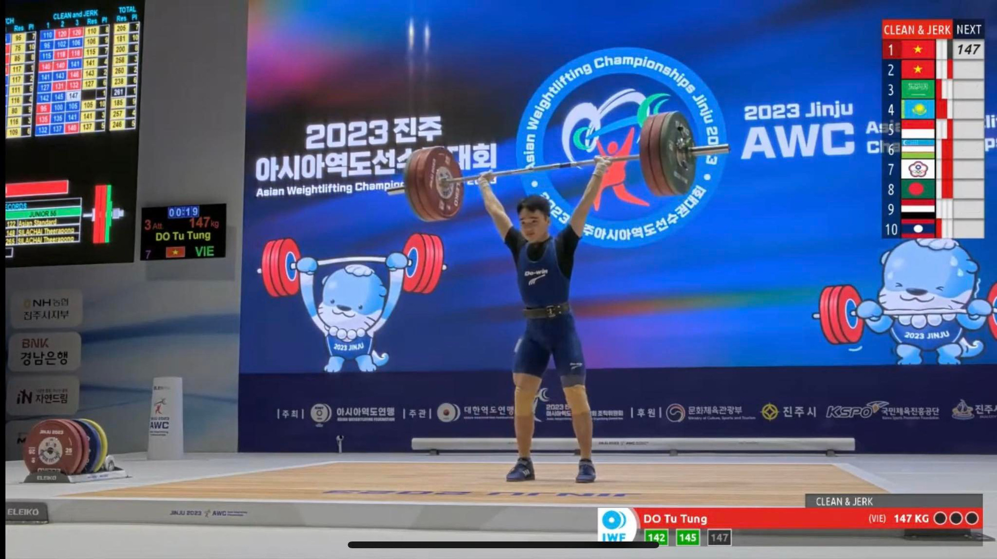 This screenshot shows Vietnamese 18-year-old Do Tu Tung in action in the men’s 55-kilogram category at the 2023 Asian Weightlifting Championships in South Korea, May 5, 2023.
