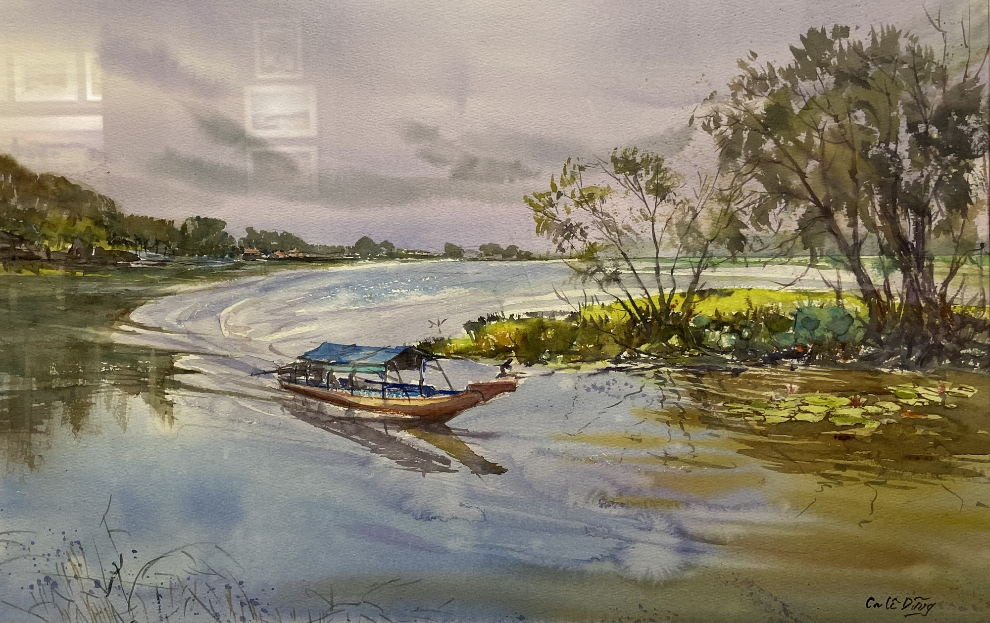 ‘Morning in Tam Nong, Dong Thap’ by artist Ca Le Dung is on display at a watercolor exhibition in Hanoi in May 2023. Photo: T. Dieu / Tuoi Tre