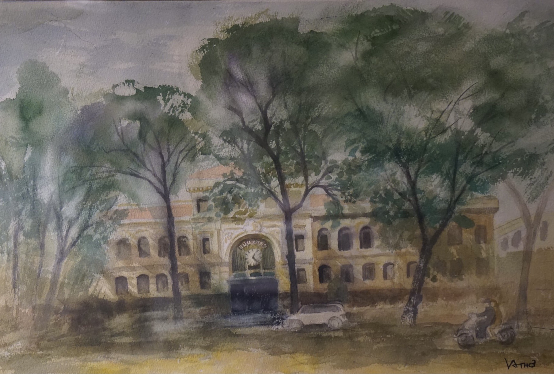 ‘The Saigon Central Post Office’ by artist Vo Anh Thu is on display at a watercolor exhibition in Hanoi in May 2023. Photo: T. Dieu / Tuoi Tre