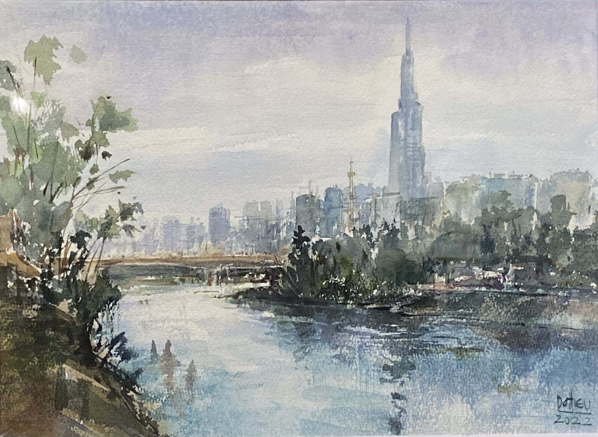 ‘Thanh Da Canal’ by artist Do Hieu is on display at a watercolor exhibition in Hanoi in May 2023. Photo: T. Dieu / Tuoi Tre