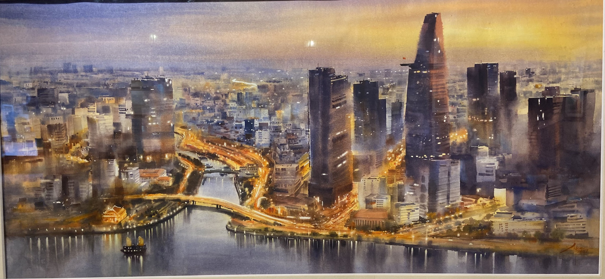 ‘Saigon by night’ by artist Doan Quoc is on display at a watercolor exhibition in Hanoi in May 2023. Photo: T. Dieu / Tuoi Tre