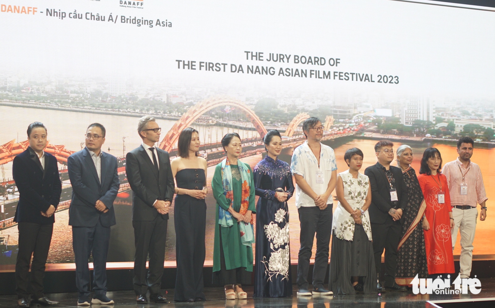 The jury board of the inaugural Da Nang Asian Film Festival (DANAFF) is introduced during the opening ceremony in Da Nang City, central Vietnam, May 9, 2023. Photo: Tran Mac / Tuoi Tre