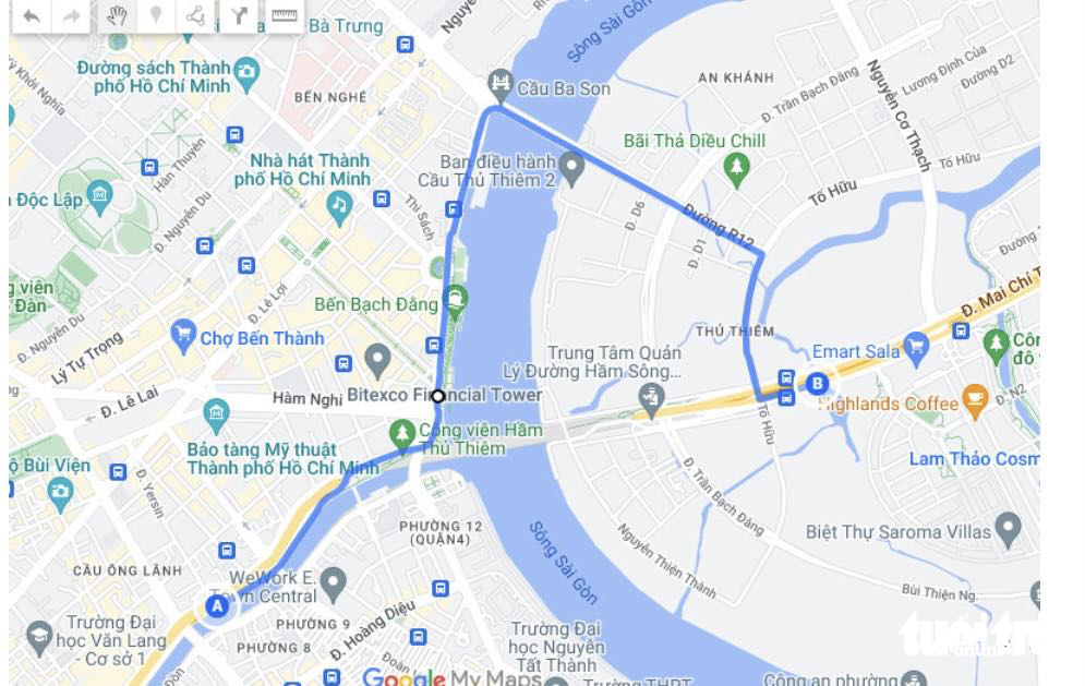 A map shows an alternative route for commuters travelling from District 1 to Thu Duc City. Photo: The Ho Chi Minh City Department of Transport