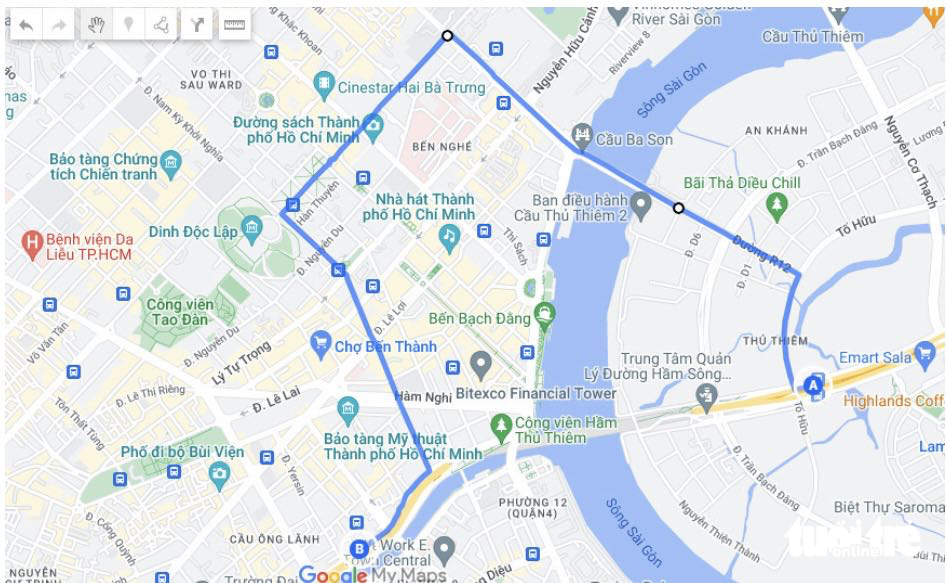 A map shows an alternative route for vehicles travelling from Thu Duc City to District 1. Photo: The Ho Chi Minh City Department of Transport