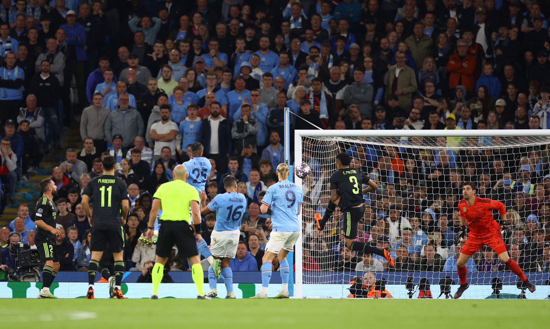 Soccer Football - Champions League - Semi Final - Second Leg - Manchester City v Real Madrid - Etihad Stadium, Manchester, Britain - May 17, 2023 Real Madrid's Eder Militao scores an own goal and Manchester City's third. Photo: Reuters