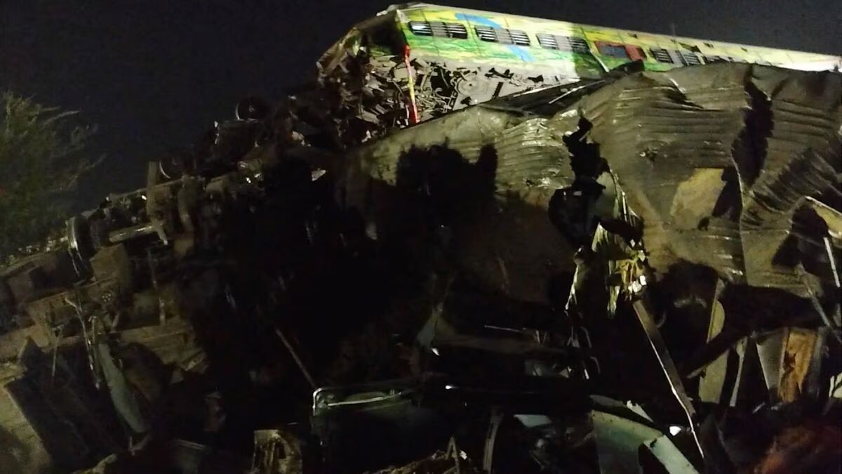 The damaged coaches are seen, after trains collided in Balasore, India June 3, 2023, in this screen grab obtained from a social media video. Photo: Reuters