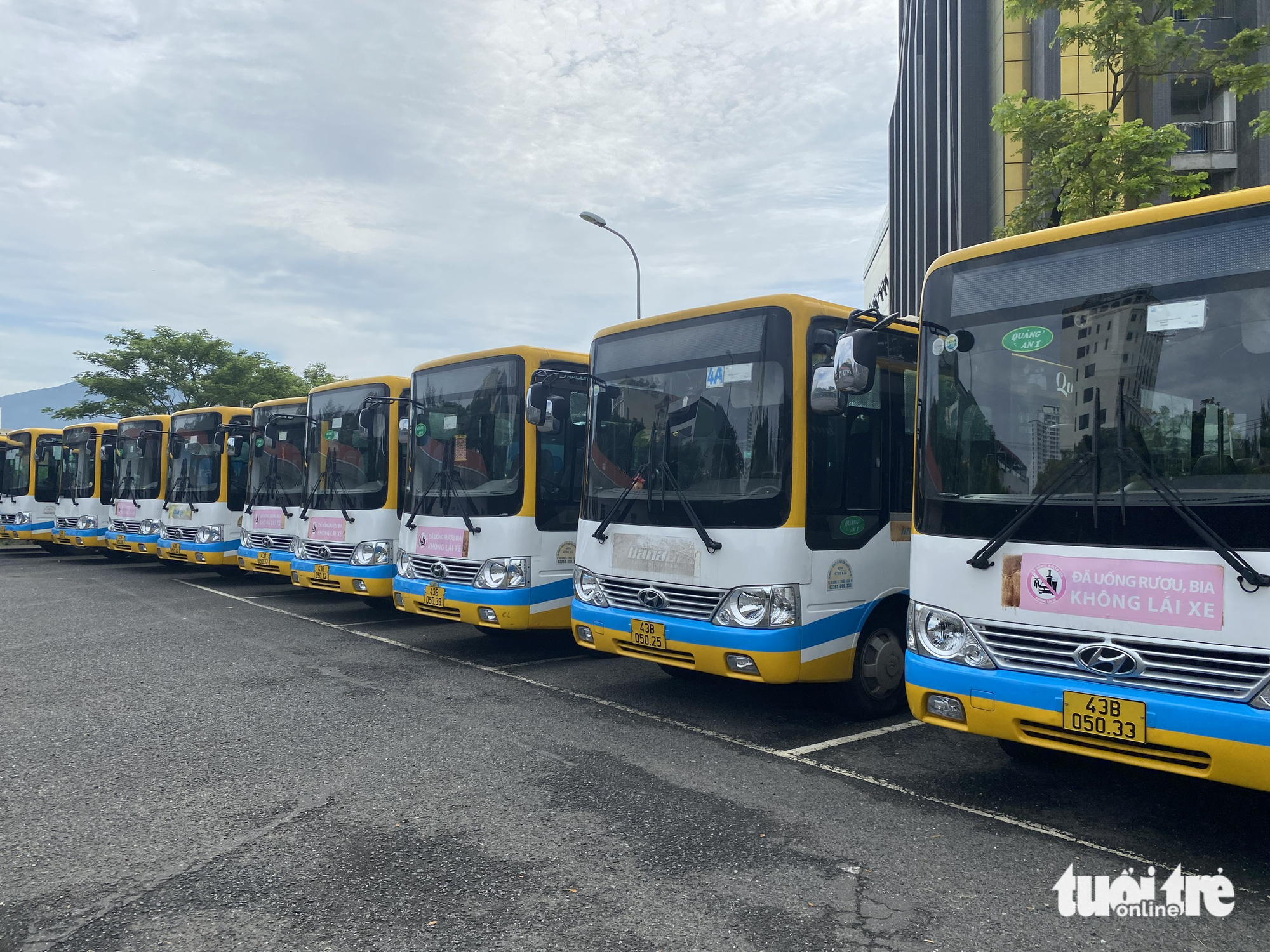 Buses in Da Nang City are left idle as drivers and driving assistants go on a strike. Photo: Truong Trung / Tuoi Tre