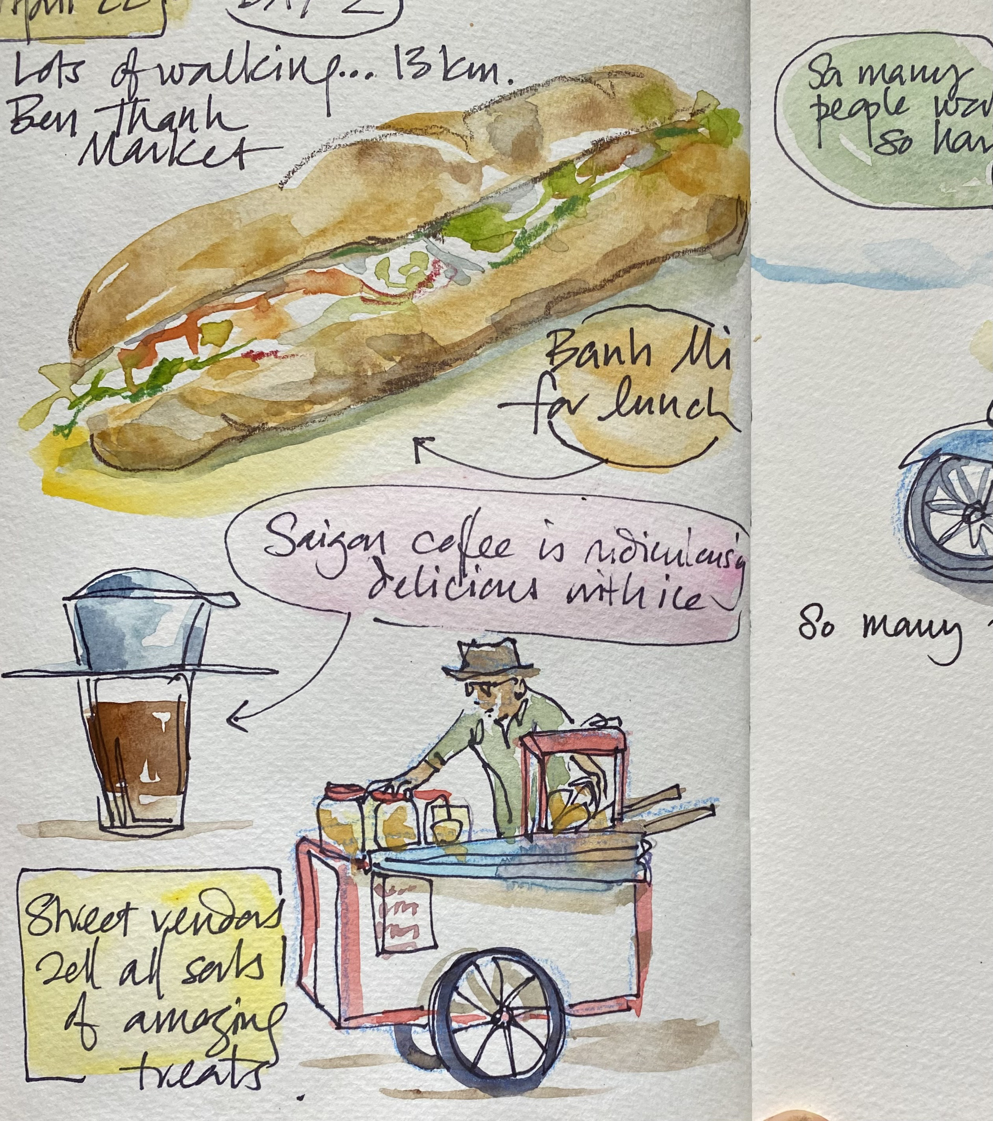 A sketch by Liz McGrath features Vietnamese 'bánh mì' and 'cà phê phin' (coffee brewed with Vietnamese-style metal filter]. Photo: Supplied