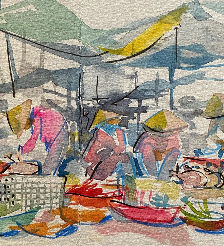 A sketch by Liz McGrath features people at a morning market in Vietnam's central city of Hoi An. Photo: Supplied