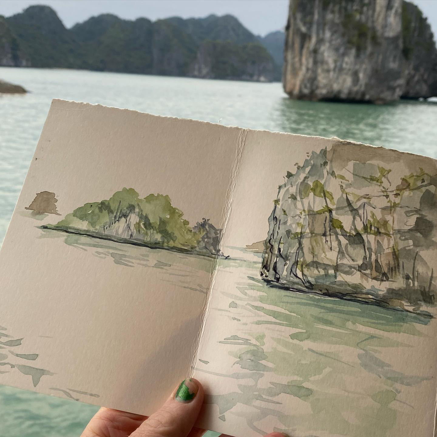 A sketch by Liz McGrath features Lan Ha Bay in the northern city of Hai Phong, Vietnam. Photo: Supplied