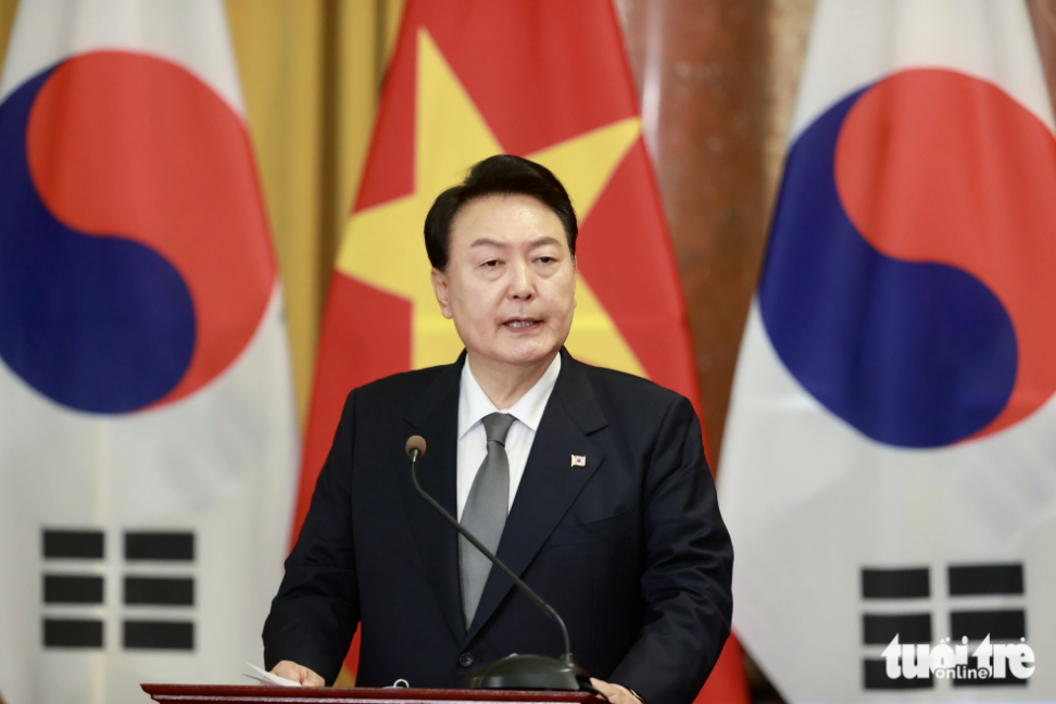South Korean President Yoon Suk Yeol delivers a speech at a press conference on June 23, 2023. Photo: Nguyen Khanh / Tuoi Tre