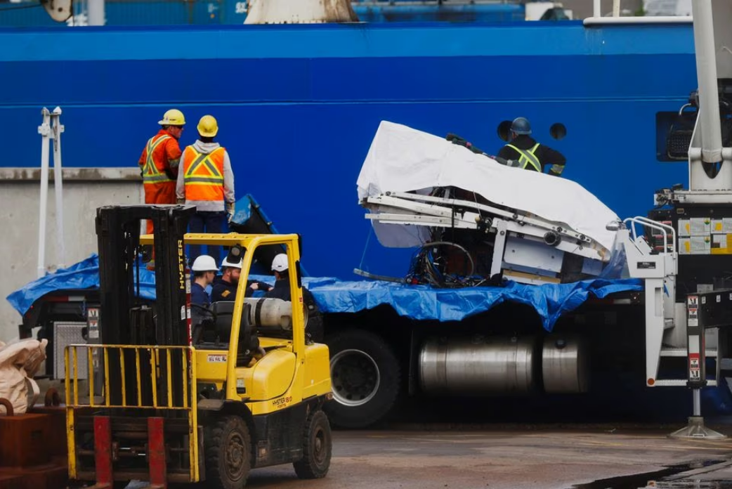 A view of the Horizon Arctic ship, as salvaged pieces of the Titan submersible from OceanGate Expeditions are returned, in St. John's harbour, Newfoundland, Canada June 28, 2023. Photo: Reuters