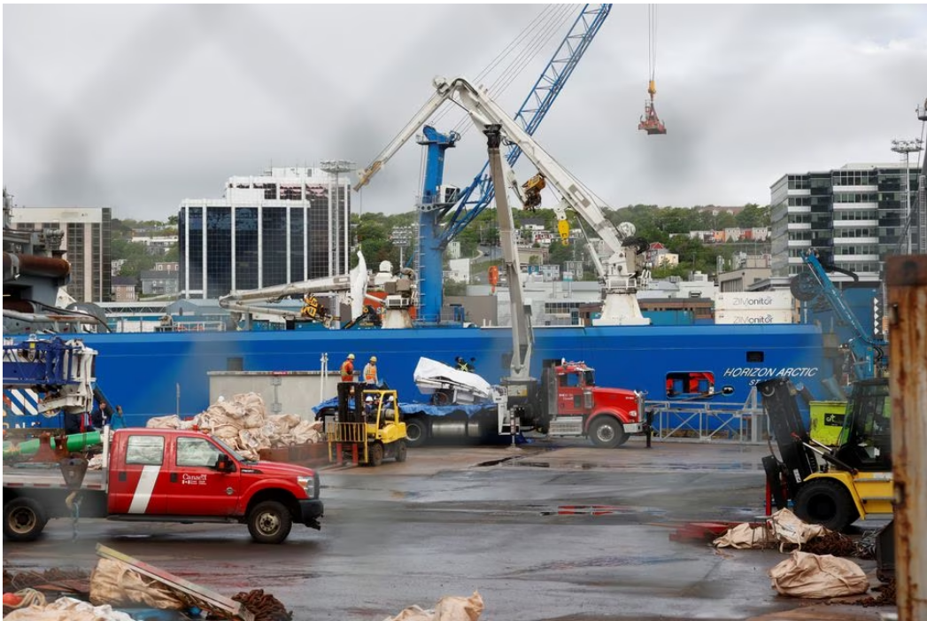 A view of the Horizon Arctic ship, as salvaged pieces of the Titan submersible from OceanGate Expeditions are returned, in St. John's harbour, Newfoundland, Canada June 28, 2023. Photo: Reuters