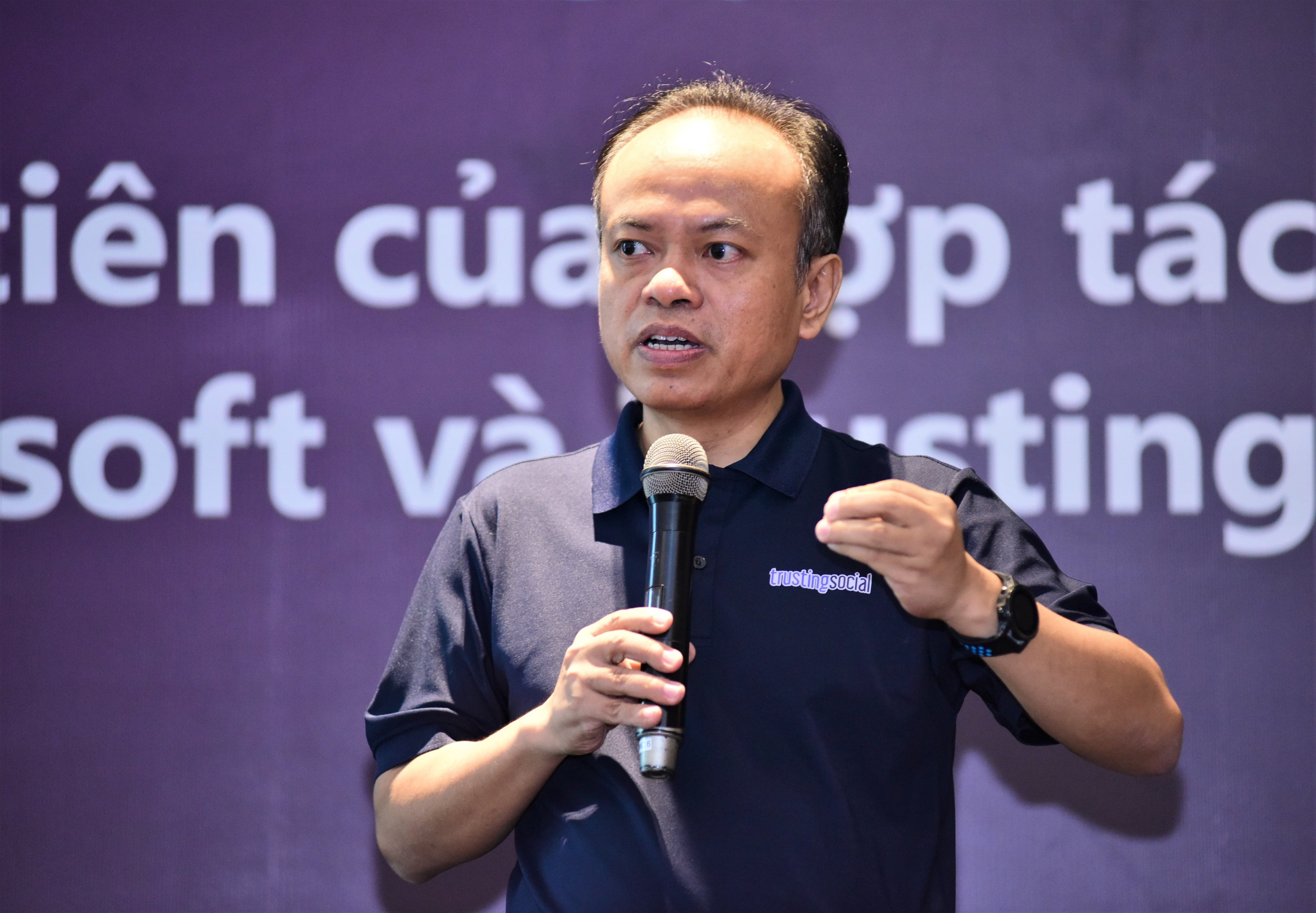 Nguyen An Nguyen, CEO of Trusting Social, speaks at the launch of Agent Foundry in Ho Chi Minh City on June 29, 2023.
