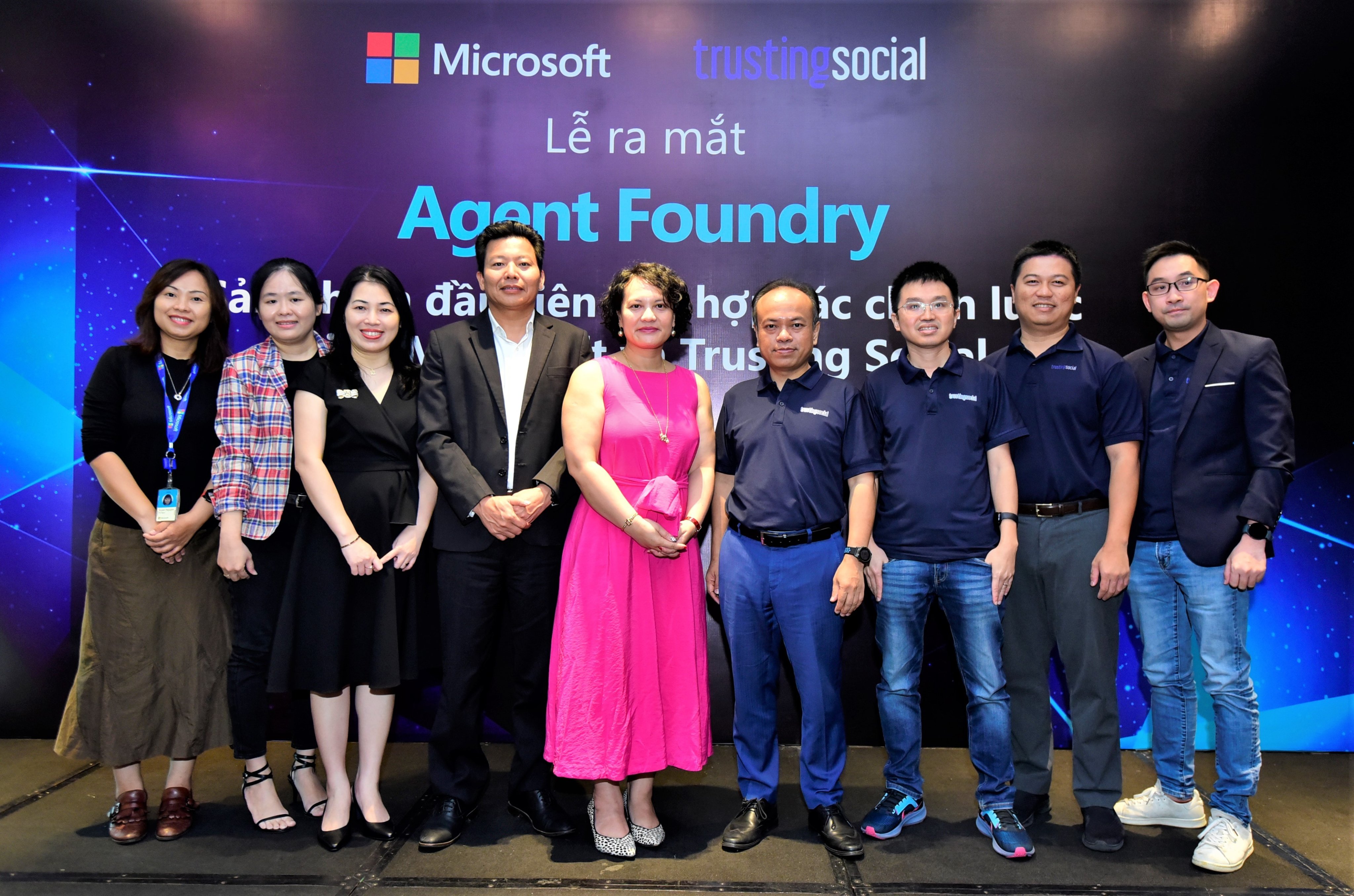 Trusting Social and Microsoft Vietnam representatives pose for a photo at the launch of Agent Foundry in Ho Chi Minh City on June 29, 2023.