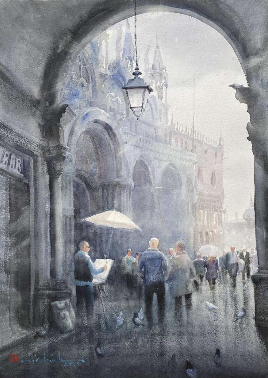 The painting 'Lunch on a Venice street' by artist Bui Duy Khanh.