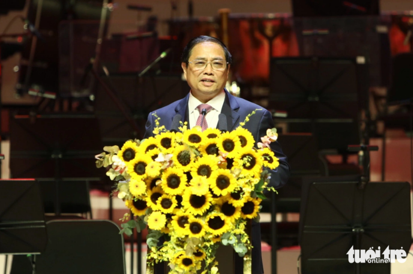 Vietnamese Prime Minister Pham Minh Chinh delivers a speech at the inauguration ceremony of the Ho Guom opera house on July 9, 2023. Photo: Danh Khang / Tuoi Tre