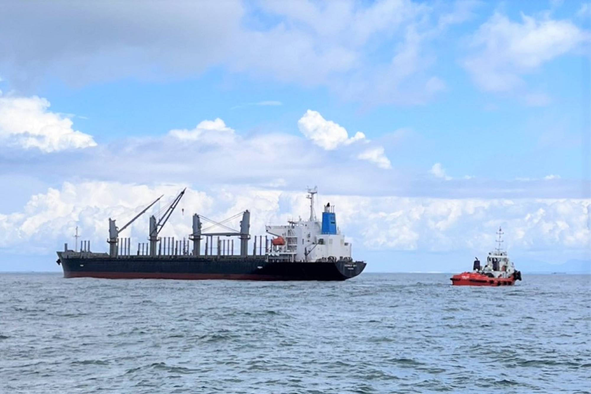 Rescue vessels of the Marine Services Joint Stock Company, under the Saigon Tan Cang Corporation, take measures to rescue bulk carrier Nemrut Bay of Panama in the waters of Binh Thuan Province, south-central Vietnam. Photo: Cong Hoan / Tuoi Tre