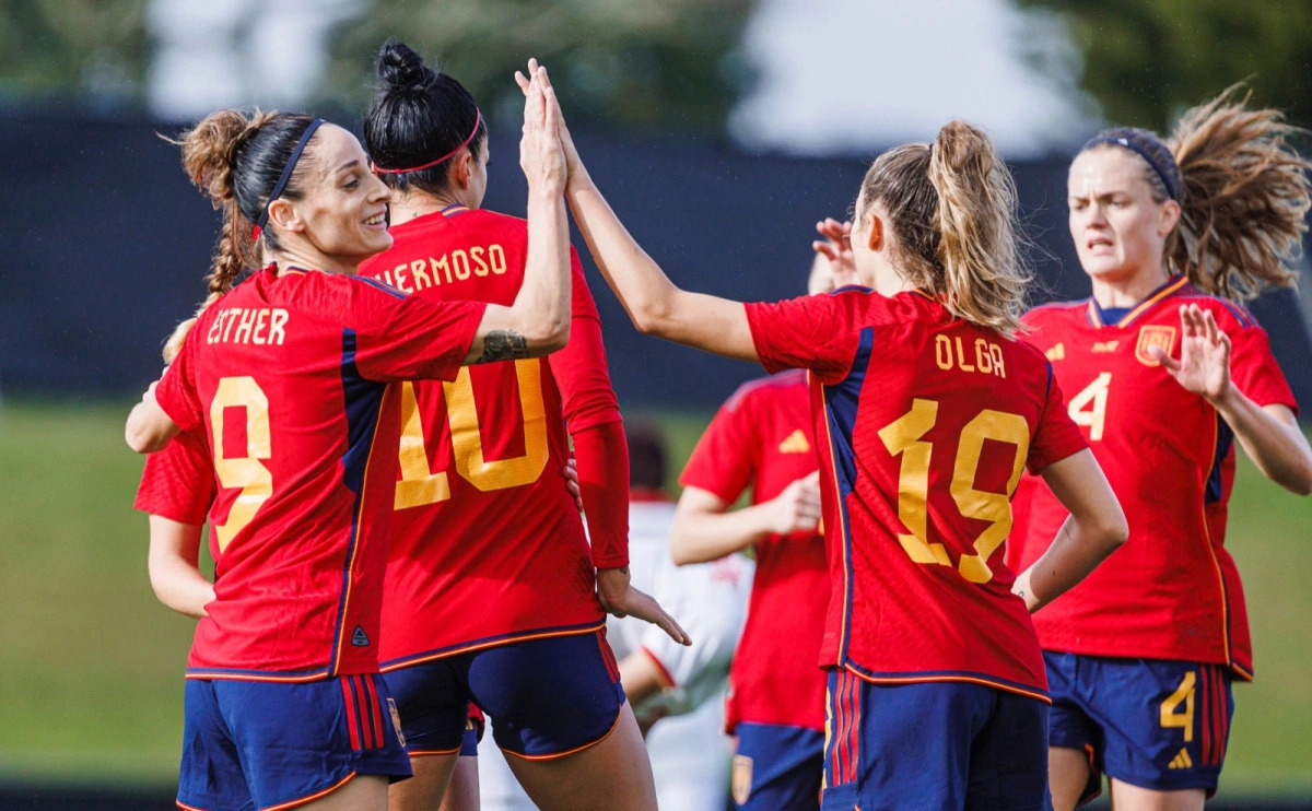 Spanish players celebrate their goal in a friendly against Vietnam at McLennan Park in Auckland, New Zealand, July 14, 2023. Photo: SEFF
