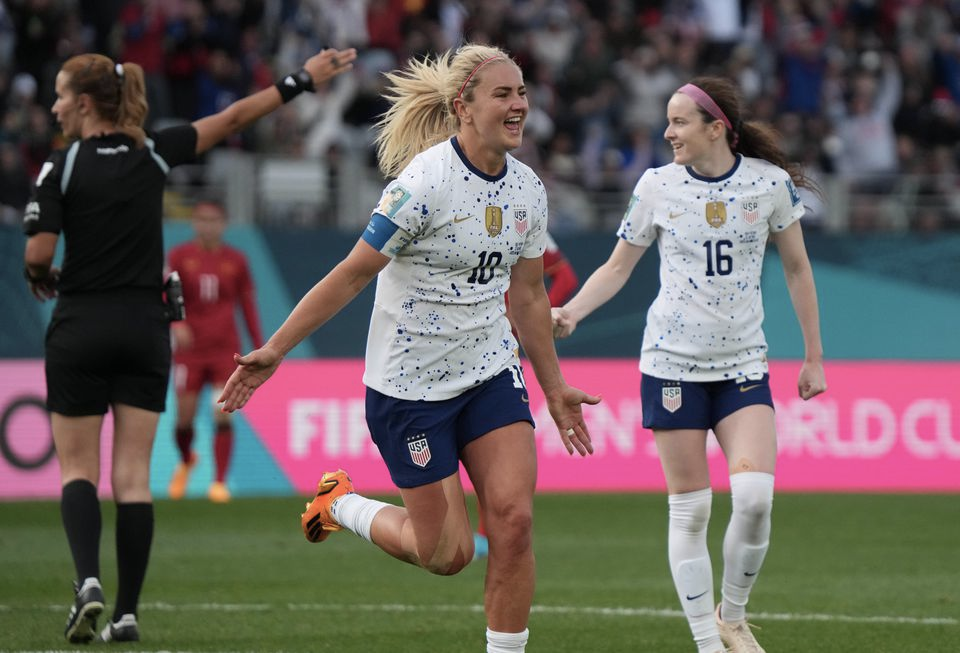 Jul 22, 2023; Auckland, NZL; USA midfielder Lindsey Horan (10) celebrates after scoring a goal against Vietnam in the second half of a group stage match in the 2023 FIFA Women's World Cup at Eden Park. Mandatory Credit: Jenna Watson-USA TODAY Sports