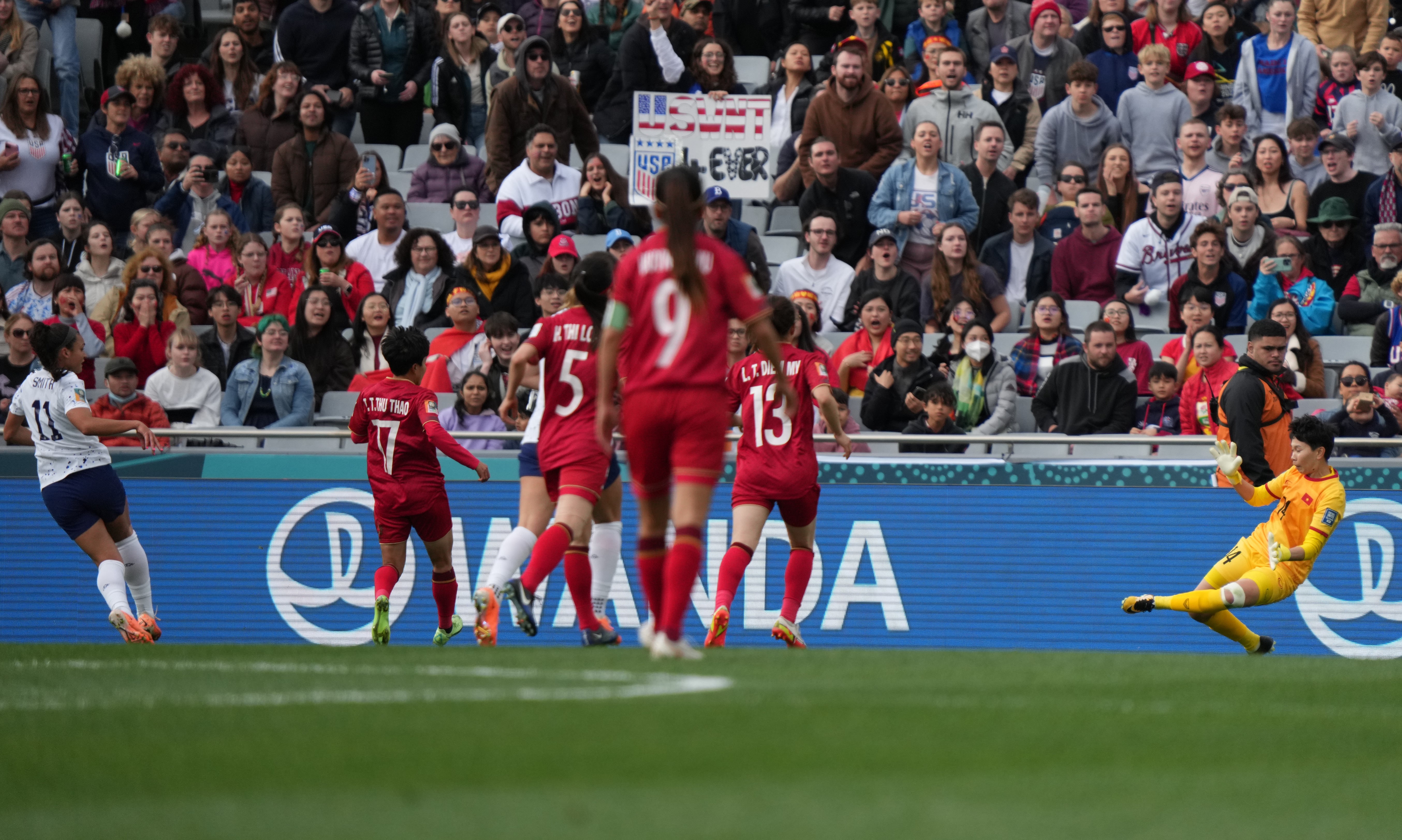 Jul 22, 2023; Auckland, NZL; USA forward Sophia Smith (11) scores a goal past Vietnam goalkeeper Tran Thi Kim Thanh (14) in the first half of a group stage match in the 2023 FIFA Women's World Cup at Eden Park. Photo: Reuters