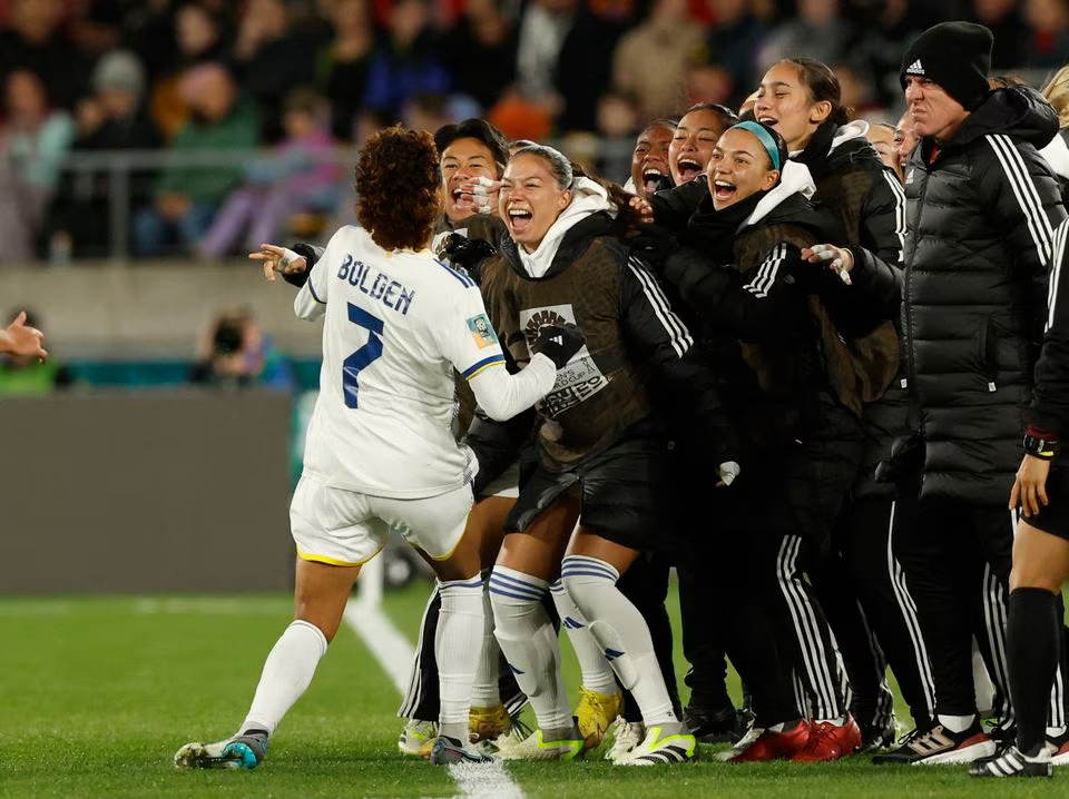 Soccer Football - FIFA Women's World Cup Australia and New Zealand 2023 - Group A - New Zealand v Philippines - Wellington Regional Stadium, Wellington, New Zealand - July 25, 2023 Philippines' Sarina Bolden celebrates scoring their first goal with teammates. Photo: Reuters