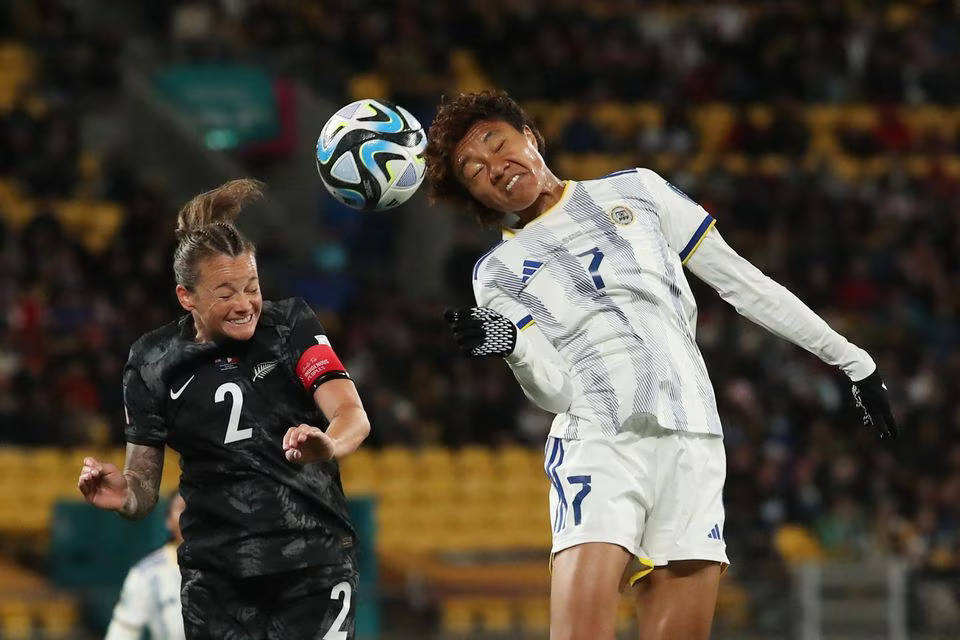 Soccer Football - FIFA Women's World Cup Australia and New Zealand 2023 - Group A - New Zealand v Philippines - Wellington Regional Stadium, Wellington, New Zealand - July 25, 2023 New Zealand's Ria Percival in action with Philippines' Sarina Bolden. Photo: Reuters