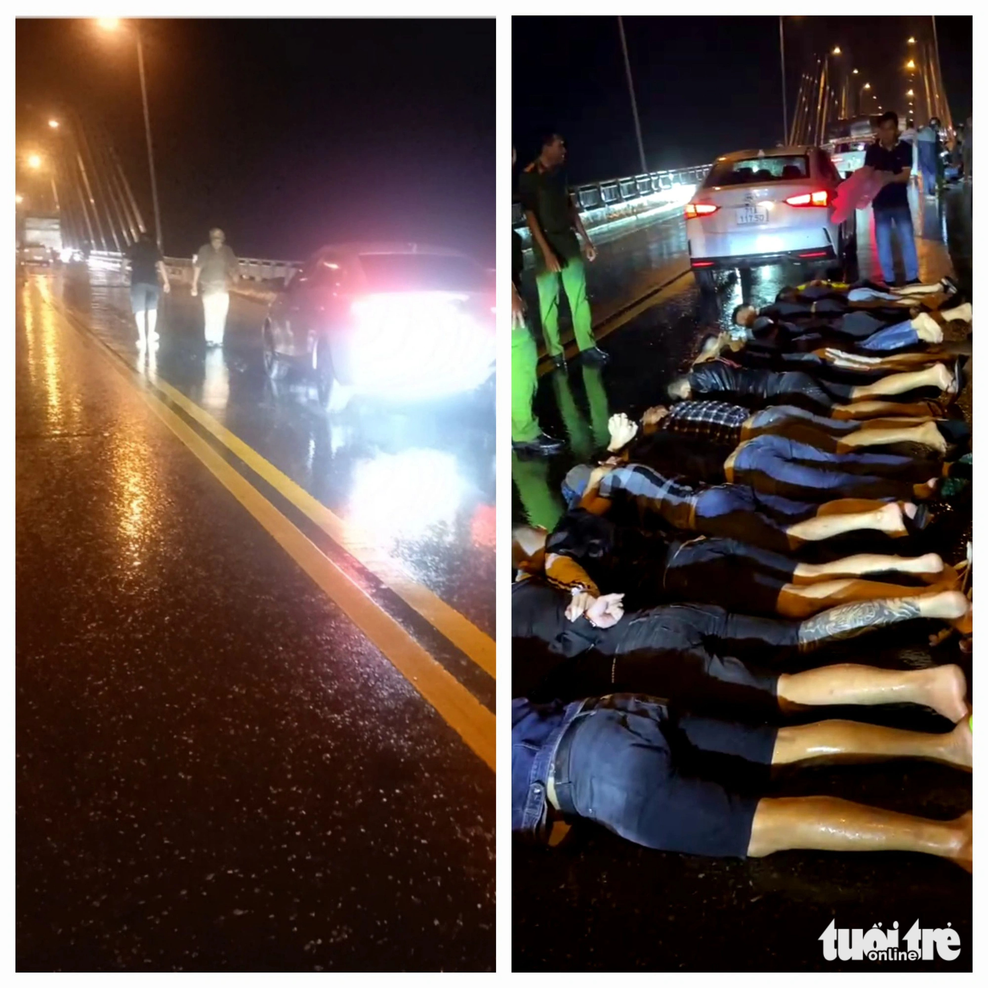 Police arrest the 31 armed men on the Rach Mieu Bridge, which spans over the Tien River and links Tien Giang Province with neighboring Ben Tre Province in southern Vietnam, July 29, 2023. Photo: A.X / Tuoi Tre