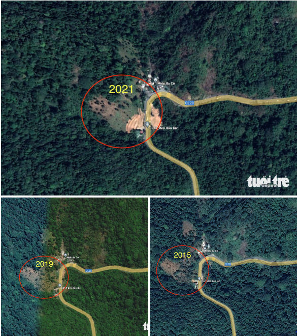 Satellite images show changes to the land on which a durian farm was built. Graphic: Mai Vinh / Tuoi Tre