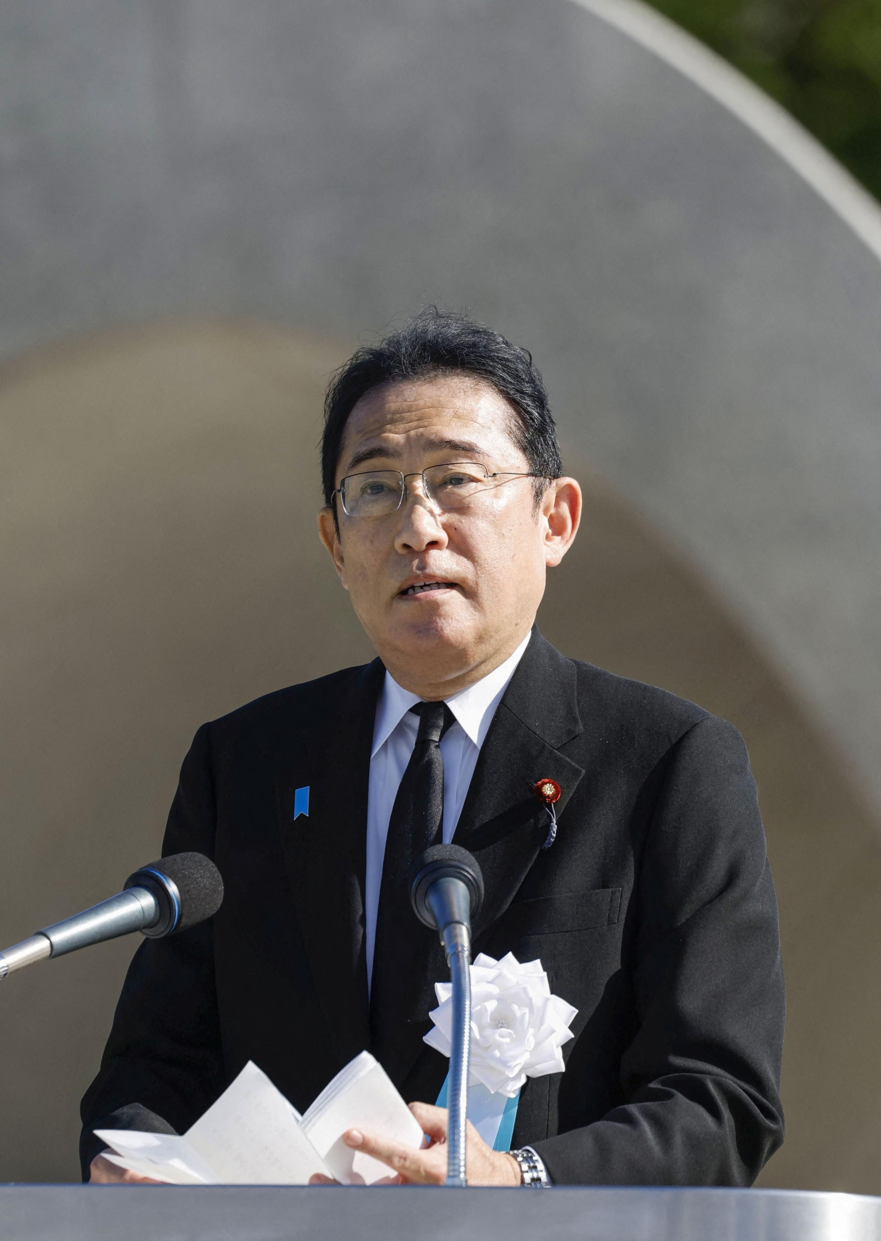 Japanese Prime Minister Fumio Kishida delivers a speech during a ceremony to mark the anniversary of the atomic bombing of the city at Peace Memorial Park in Hiroshima, western Japan, in this photo taken by Kyodo on August 6, 2023. Photo: Reuters