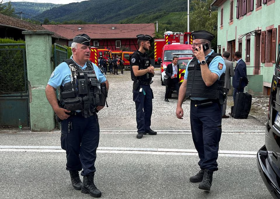 French police officers are seen the site of a holiday home in eastern France near Colmar where disabled people were killed as fire broke out during their summer holidays in Wintzenheim, France, August 9, 2023. Photo: Reuters